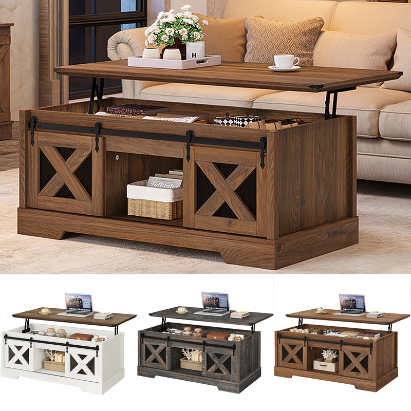 47" Farmhouse Coffee Table With Storage & Sliding Doors Lift Top Cocktail Table