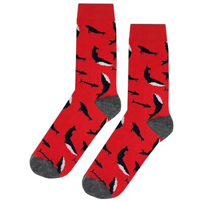 NWT Red Killer Whale Dress Socks Novelty Men 8-12 Crazy Fun Sockfly