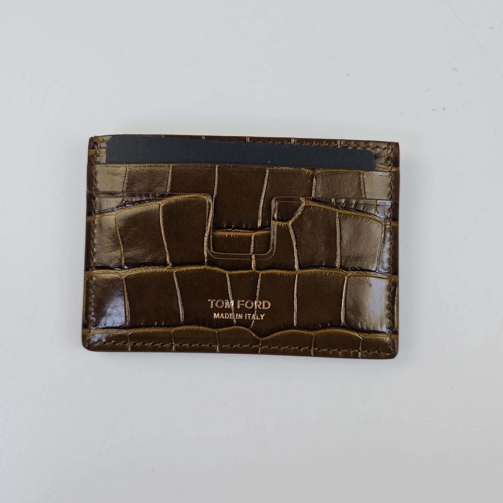 Pre-owned Tom Ford Men's Khaki Croc Printed Glossy Leather Classic Card Holder In Green