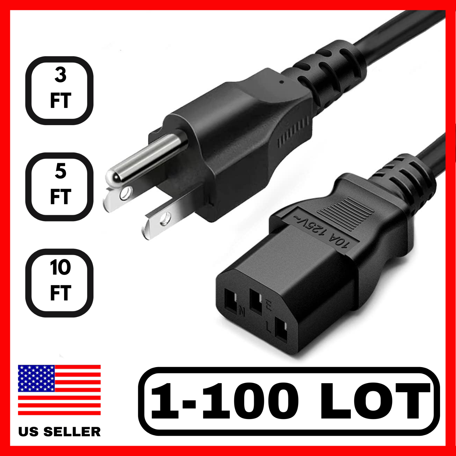 Lot of 3 Prong AC Power Cord Standard Electrical Cable Universal 3FT 5FT 10FT