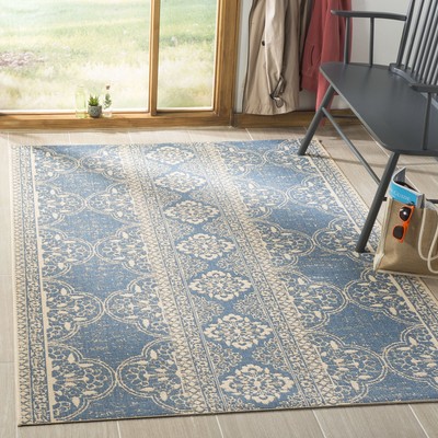 Linden Collection 4' x 6' Cream/Blue LND174N Boho Indoor/ Outdoor Non-Sheddin...