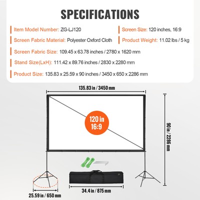VEVOR Projector Screen with Stand 120 inch 16:9 4K 1080 HD Movie Screen Tripods