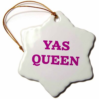 3dRose YAS QUEEN, PURPLE TEXT ON WHITE BACKGROUND 3 inch Snowflake Porcelain Orn