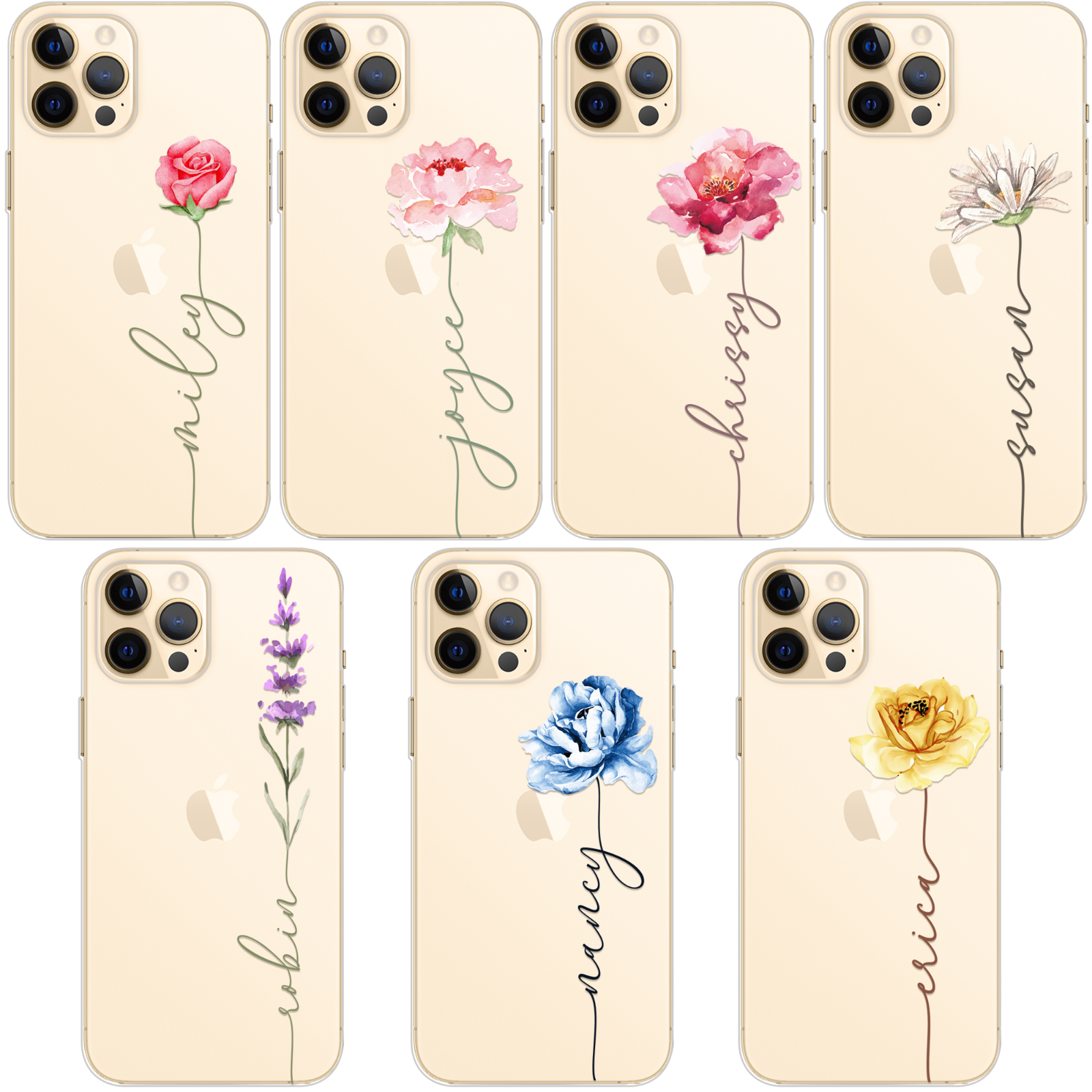 Personalised Case For iPhone 15 14 12 Pro 13 11 7 8 XR Max Name Flower Soft Case