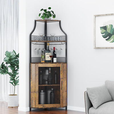 Corner Wine Home Bar Cabinet for Liquor and Glasses Wine Racks With Wood Shelves