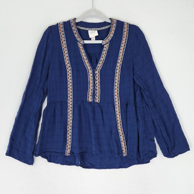 Knox Rose Shirt Womens Medium Navy Blue Long Sleeve Bohemian Popover Lightweight