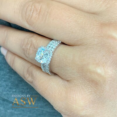 Pre-owned Asw 14k White Solid Gold Cushion Moissanite Diamond Engagement Ring And Bands 3.70ct