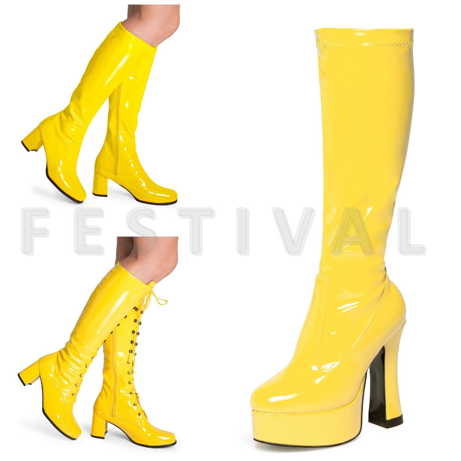 Womens Ladies Mens White Knee High Eyelet Platform Disco Fancy Dress Boots