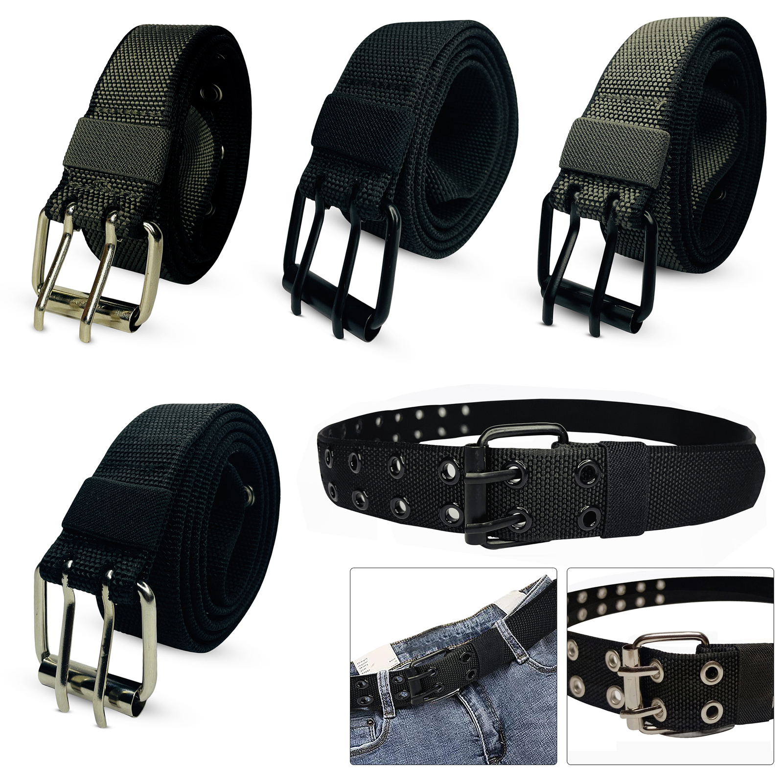 Hombre Unisex Banda Cinturón 2 Fila Ojete Agujeros Uno Talla Gris O Negro Mujer