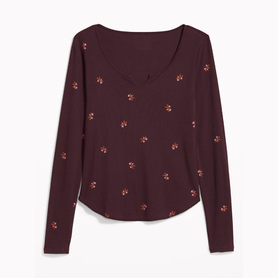Old Navy Womens Fitted Long-Sleeve Rib-Knit Tee Red Burgundy Floral Print Size S