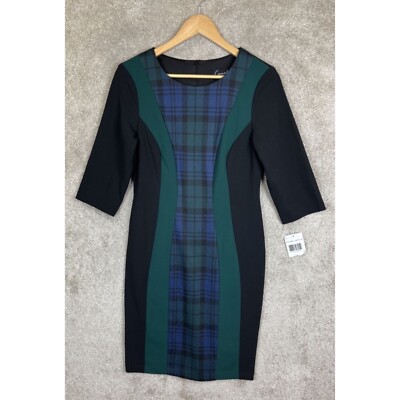 Connected Apparel Dress Womens 4 Green Blue Plaid 3/4 Sleeve Back Zip NEW- 7717*
