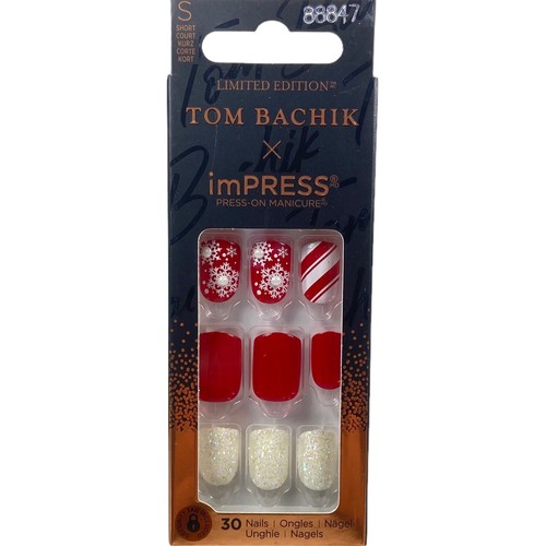 NEW Kiss Nails Impress Press On Manicure Short Gel Red White Snowflake Christmas