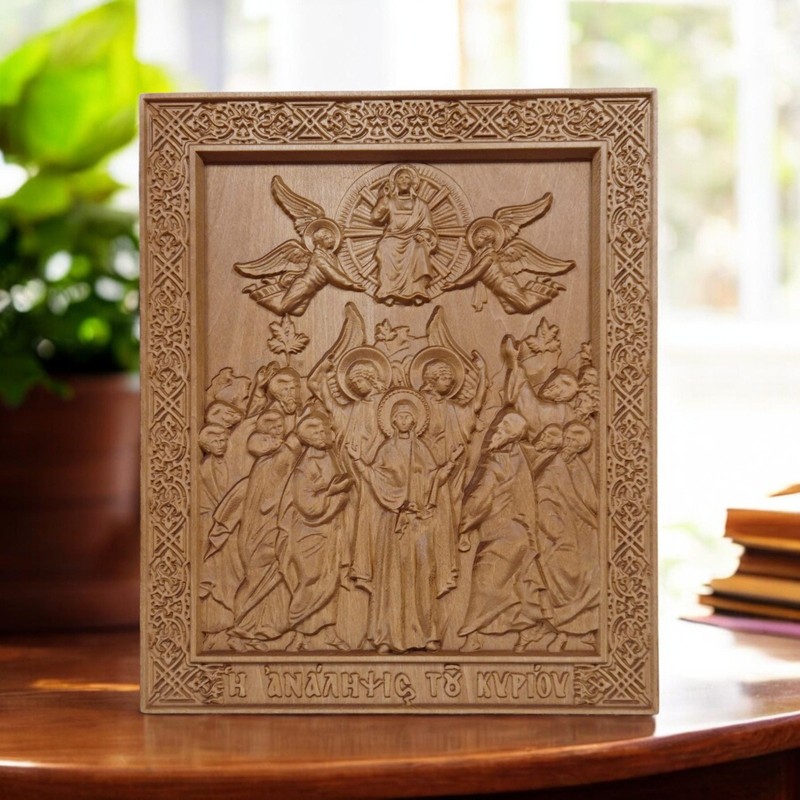 Ascension of Jesus Wood Carved Handmade Byzantine Greek Orthodox Christian Icon