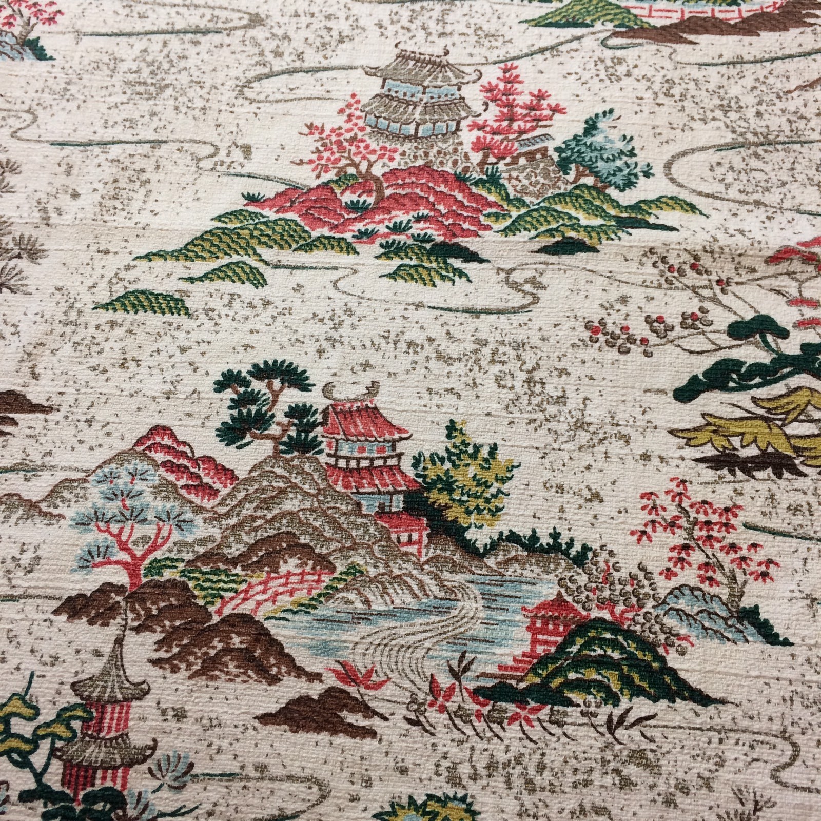 Vtg 50s Barkcloth Fabric 4 Panels Asian Pagoda Print 42 X 80 Mid Century 8 yards