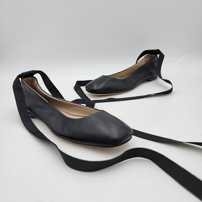 NWOB Bells & Becks Cellina Ribbon Black Leather Square Toe Ballet Flats 37 7 
