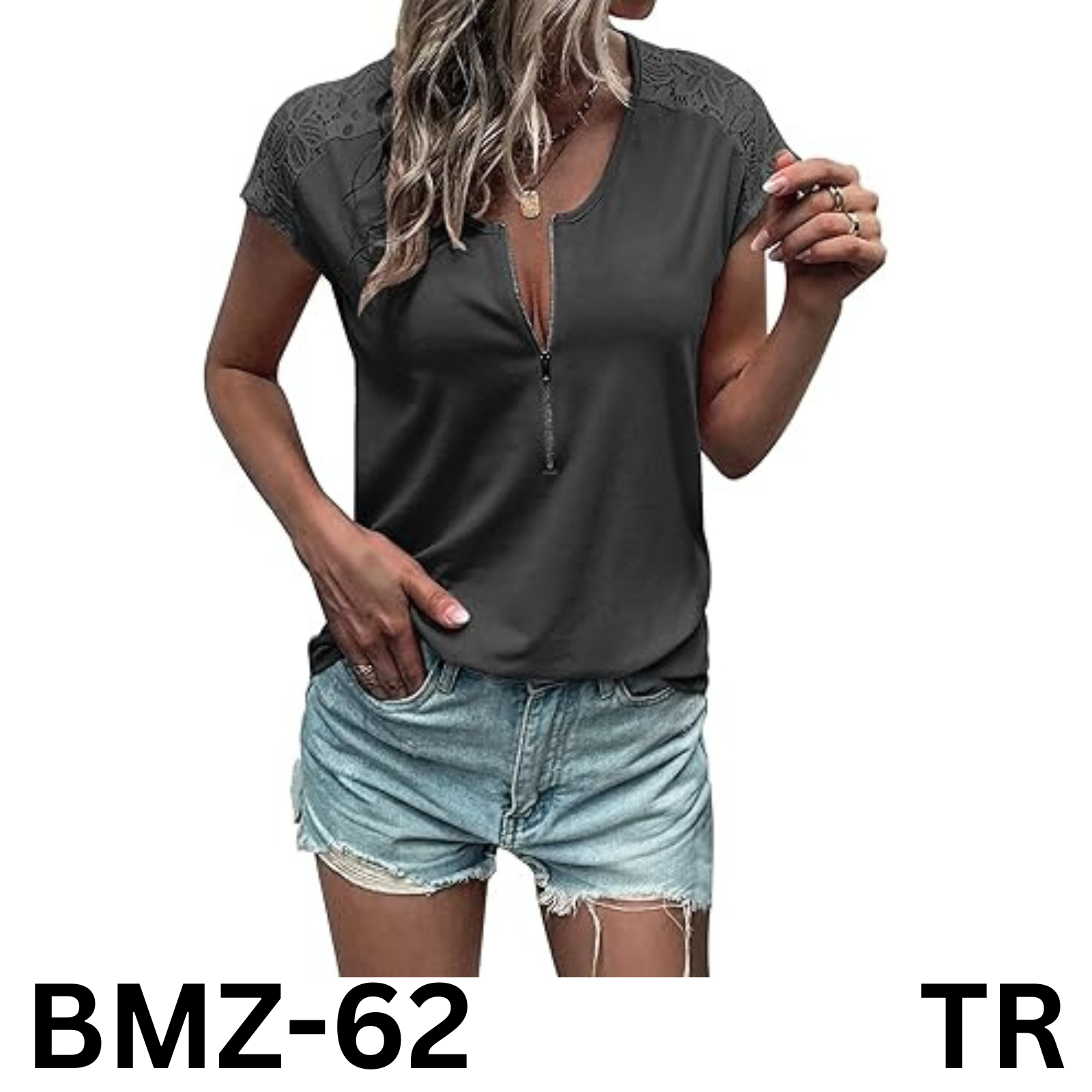 Women Summer Tops Loose Fit Lace Causual Crewneck Short Sleeves T-Shirt, Grey, L
