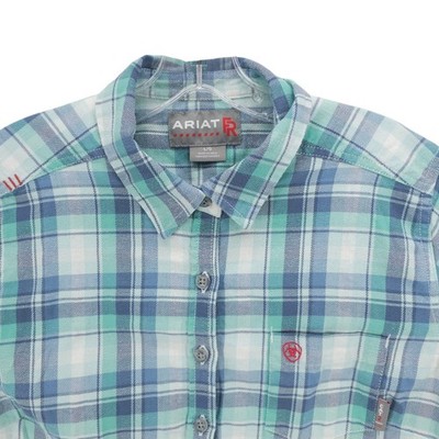 ARIAT FR Women's Blue Green Plaid LS Work Shirt Cotton Blend EUC Size LARGE