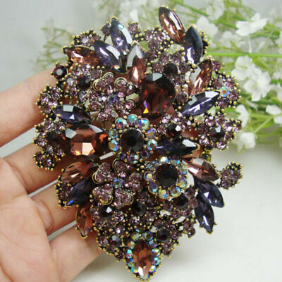 3.94'' Purple Dual Droplets Flower Group Rhinestone Crystal Brooch pin Pendant US