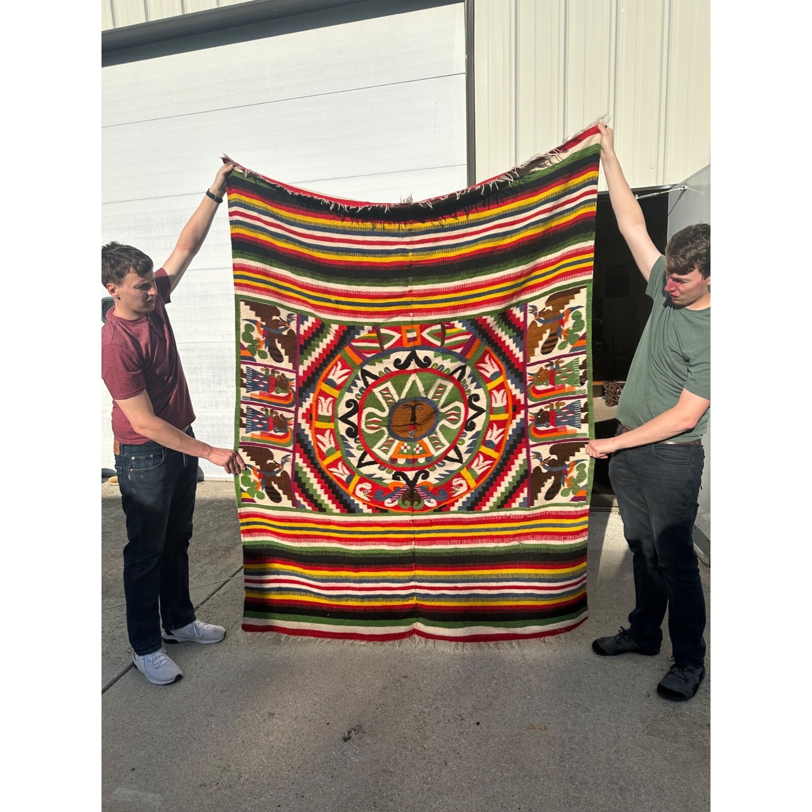 Original 1930s Aztec Mayan Woven Mexican Blanket Multicolor