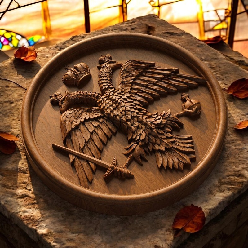 Byzantine Double Headed Eagle Plate Wooden Carved Handmade Greek Christian Icon