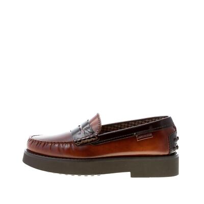 TOD'S women shoes brown black semi-shiny leather penny loafer wool lining