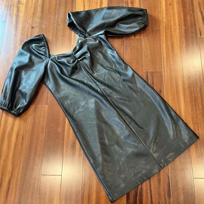 MNG by Mango Black Dress Puff Sleeve Faux Vegan Leather Midi Mob Boss Wife Sz 6