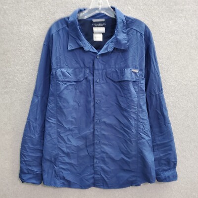 Columbia Men Button Up Shirt XL Blue Logo Omni Shade Long Sleeve Collar