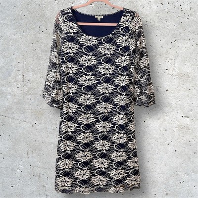 Haani Dress Artsy Navy Blue Mesh Embroidered Floral Wiggle Shift Bohemian XL