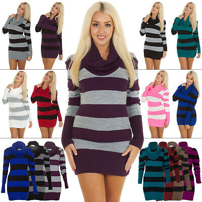 Womens Cowl Neck Jumper Ladies Knitted Mini Dress Striped Sweater Pullover Top  