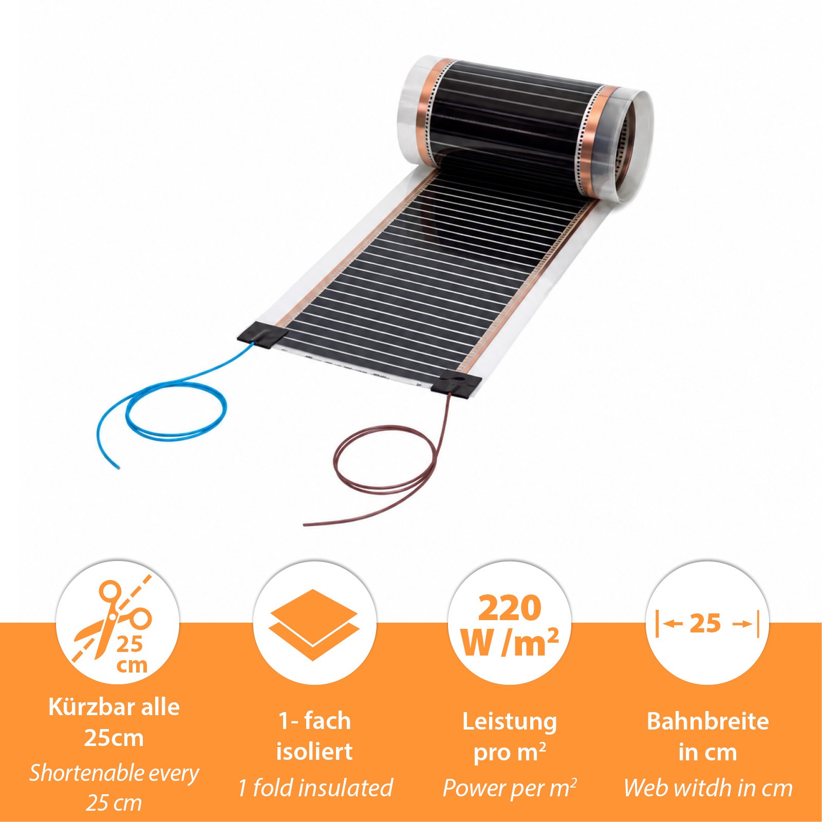 Comfort Heizfolie 220Watt/m² 25cm breit konfektioniert - Bild 