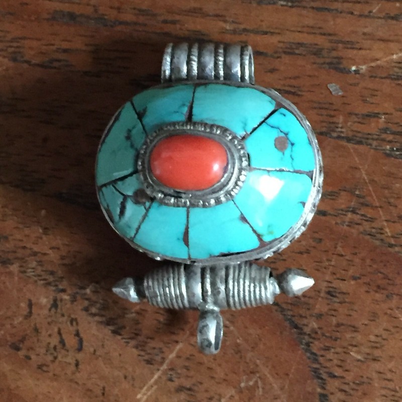 Tibetisches Ghau, Antik, Silber , AnhÃ¤Nger Mit Koralle Und TÃ¼Rkis