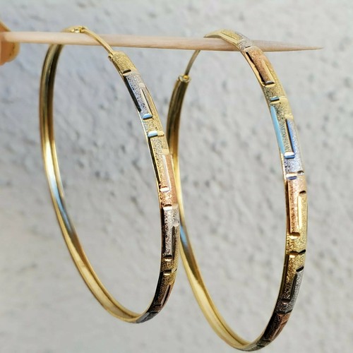 Pre-owned Rosegold Big Real 14k Yellow White Rose Gold Round Greek Key Hoop Earrings 2.25 Inch Long