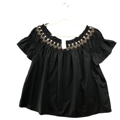 NWT Old Navy Smocked Blouse Womens L Black Boho Short Sleeve Embroidered