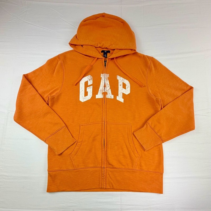 Gap Logo Orange Distressed Print Style Zip Up Hoodie Size M