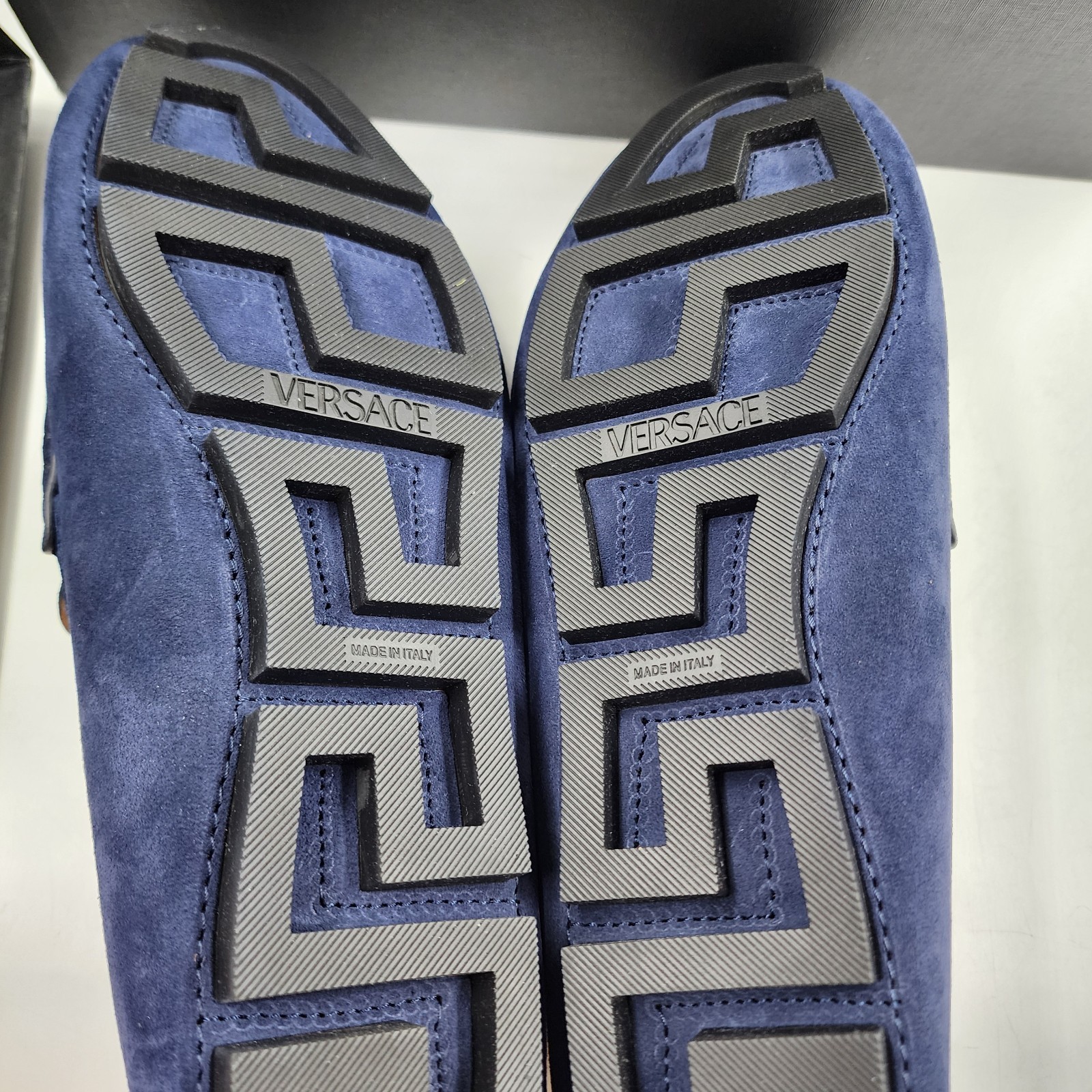 Versace Medusa Penny Loafers Men's 42.5/9.5US Blue Stitched Moc Toe Slip On - Picture 22 of 24