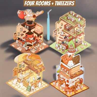 4 (3D) 8.1 X 4.7 Isometric Scene Rooms. Sushi, Park, Hotel, and Tea Rooms.