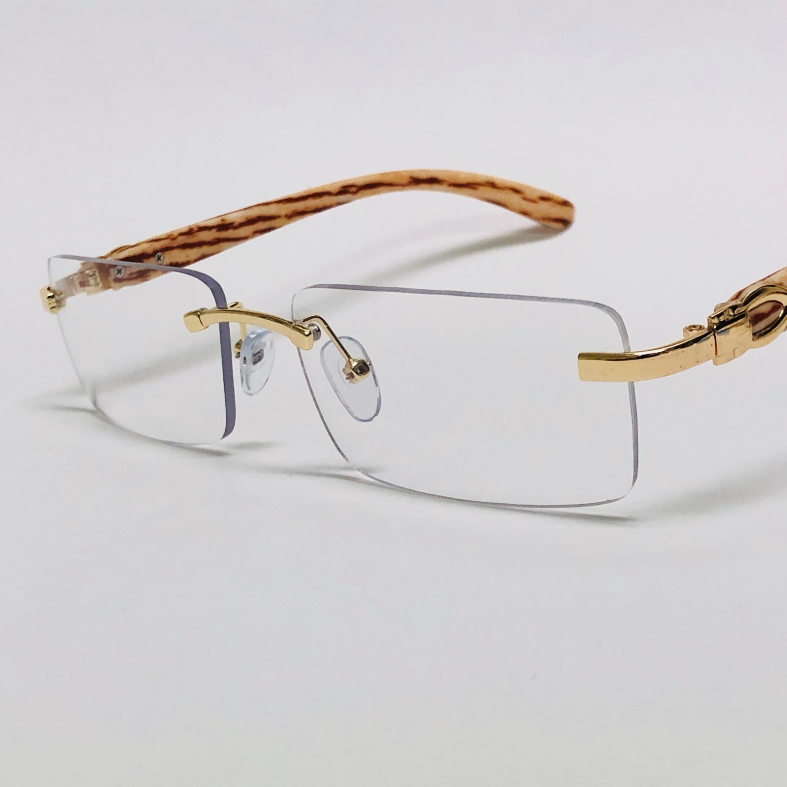 Men's Vintage Gold Frame Rimless Hip Hop Black Woodgrain Clear Lens Glasses