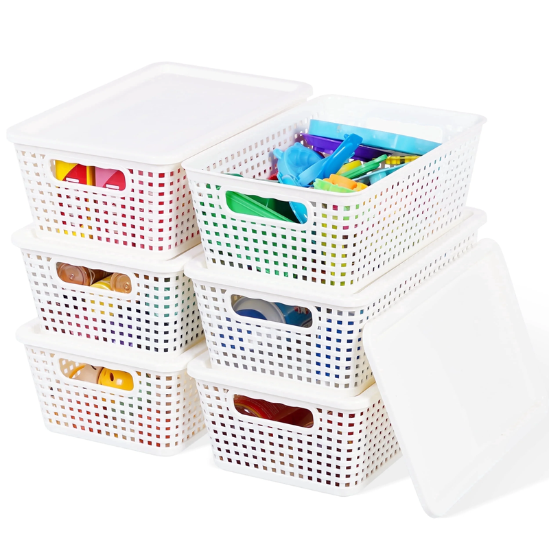 Small Plastic Storage Basket with Lid Handle 7X10.9X4 in Cream...