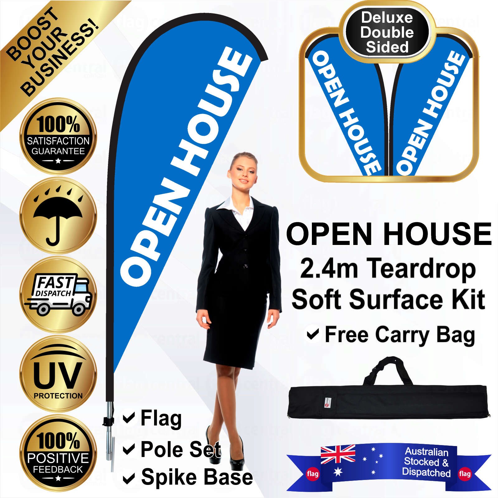 OPEN HOUSE Deluxe Double-Sided Blue 2.4m Teardrop Flag / Banner Kit with Pole Set, Galvanised Steel Ground Spike and a Free Carry Bag