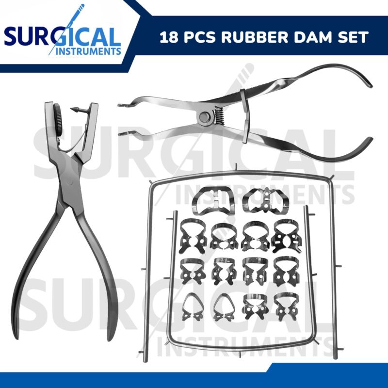 Rubber Dam Kit Starter of 18 pcs with Frame Punch Clamps Dental Instruments