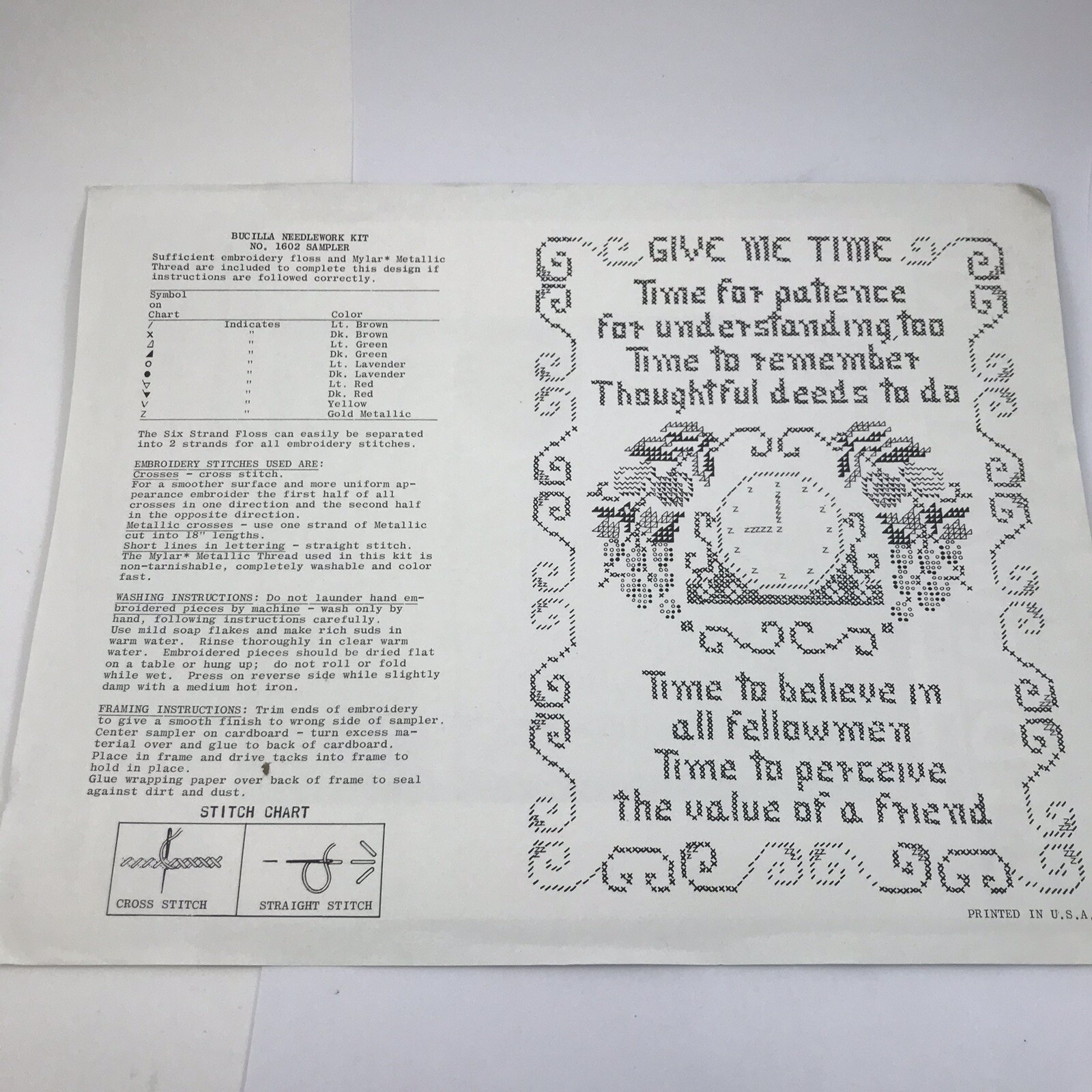 Vtg Bucilla Sampler Kit 1602 Give Me Time Cross Stitch Linen Needlework New '60s