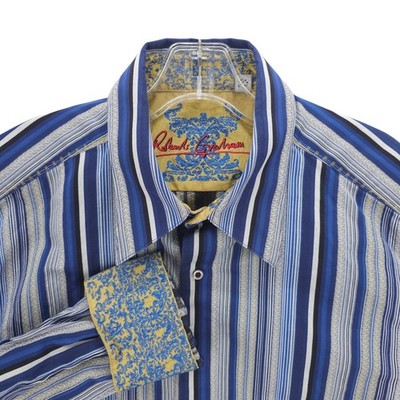 ROBERT GRAHAM Long Sleeve Shirt Striped Embroidered Flip Cuff Size XL