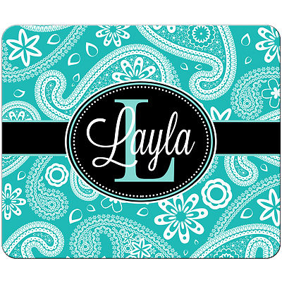 PERSONALIZED MOUSE PAD TEAL PAISLEY BLACK MONOGRAMMED RECTANGLE MOUSEPAD