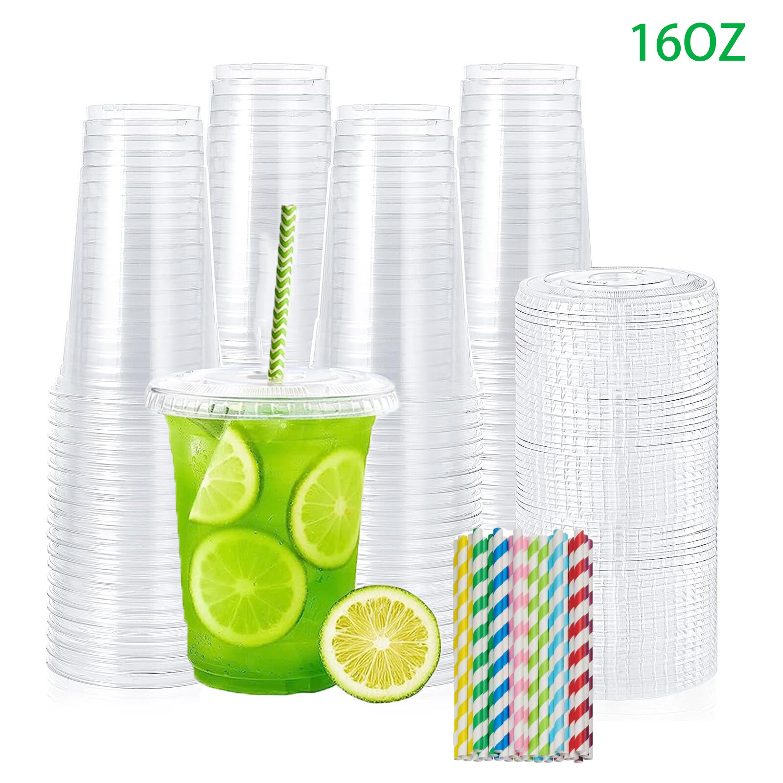 16 Oz Disposable Plastic Cups with Lids and Straws 100 SET C