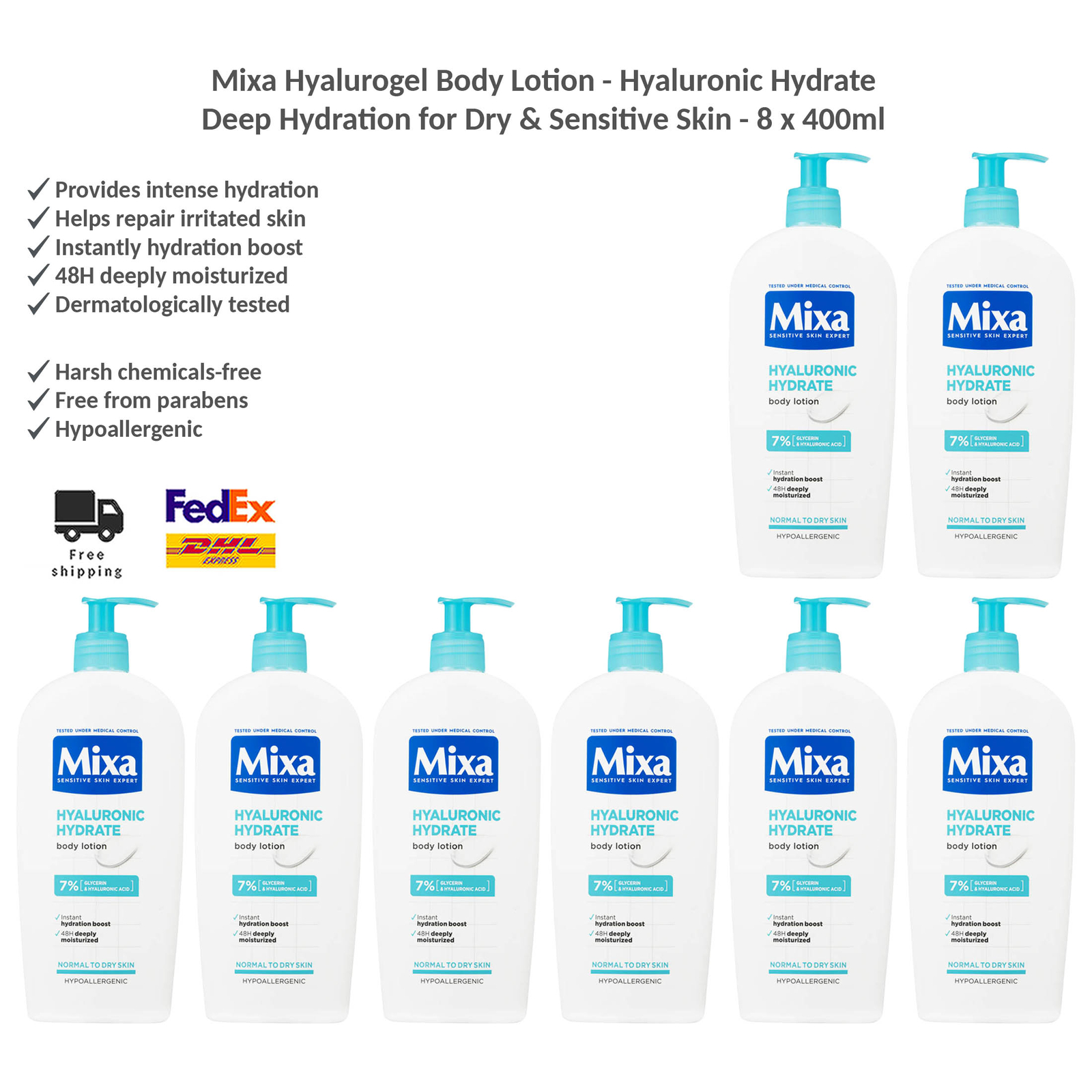 Mixa Hyalurogel Body Lotion - Deep Hydration for Normal to Dry Skin 8 x 400ml