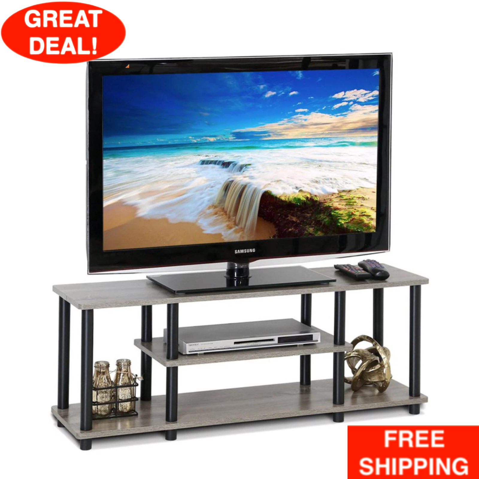 For 55 Inch Flat Screens 3-tier Entertainment Open Shelves Gray/black