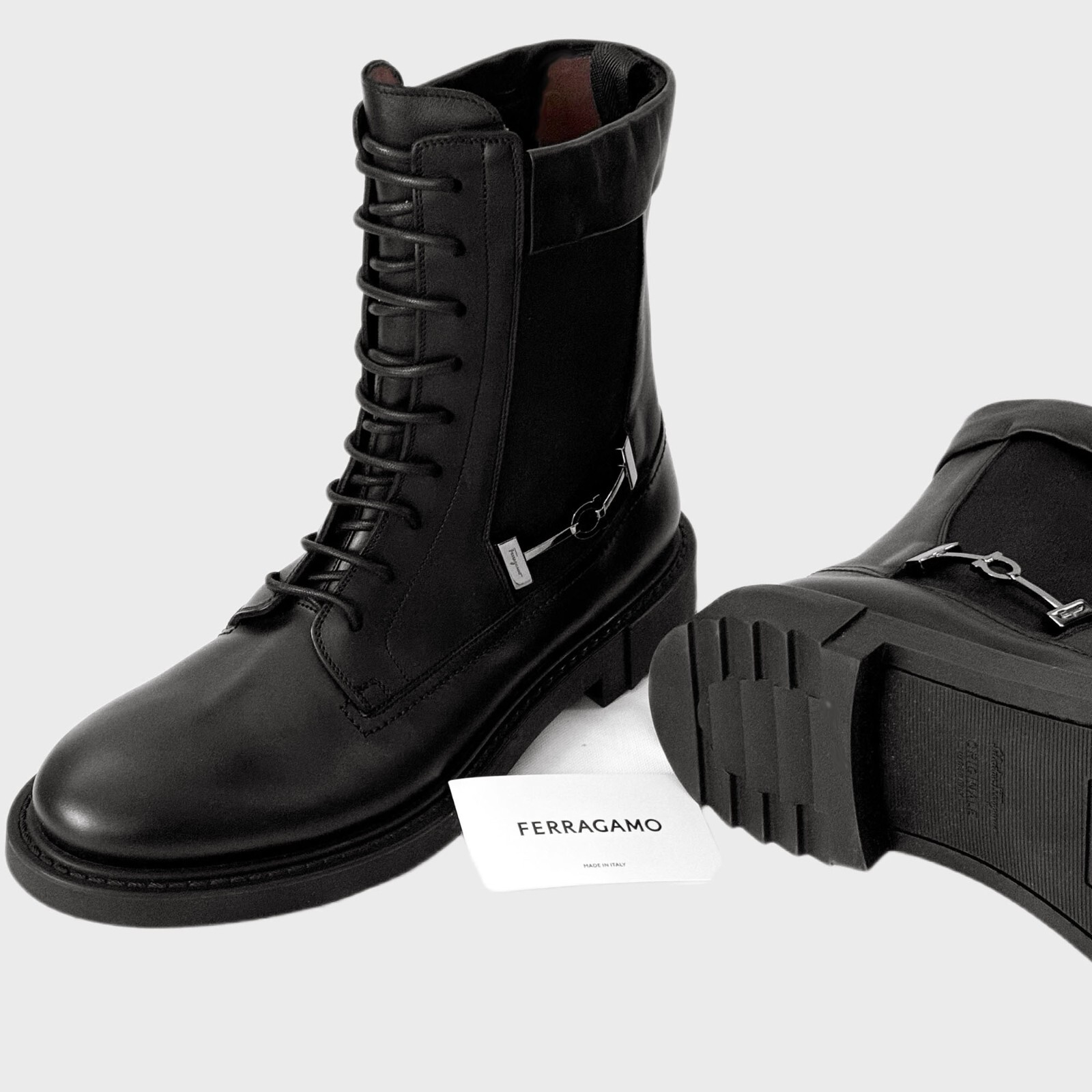 Pre-owned Ferragamo Men's Iglesias 13 Ee Black Leather Combat Gancini Boots Dress Casual