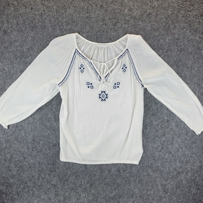 Lucky Brand Boho Blouse Womens S Top White Embroidered 100% Cotton Peasant