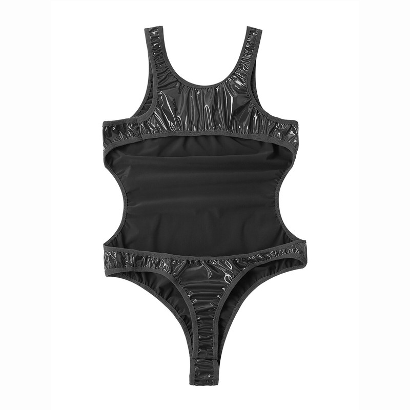 Women Patent Leather Swimwear Tank Bodysuit Wet Look Swimsuit Open - Main Image