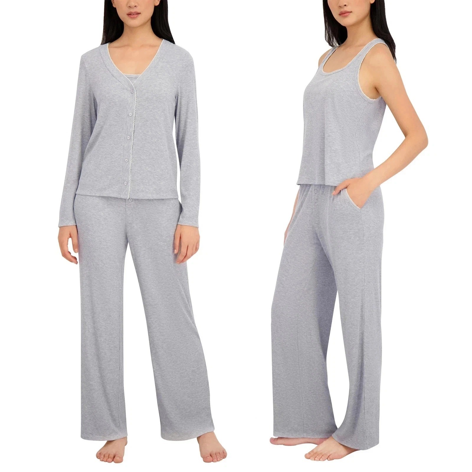 Live 2 Lounge Womens 3-Piece Ribbed Cardigan Tank & Pant Set Medium Gray